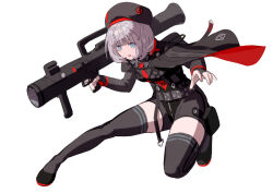 Rule 34 | 1girl, beret, black cape, black gloves, black shirt, black shorts, black thighhighs, blue eyes, breasts, cape, collared shirt, fingerless gloves, full body, gloves, goddess of victory: nikke, grey hair, hat, holding, holding weapon, looking at viewer, necktie, on one knee, red cape, red necktie, rocket launcher, shirt, short hair, shorts, simple background, small breasts, solo, thighhighs, trigger discipline, two-tone cape, vesti (nikke), weapon, white background, yagi2013