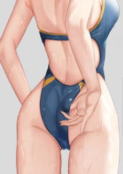 Rule 34 | 1girl, absurdres, adjusting clothes, adjusting swimsuit, ass, back, bare arms, bare legs, blue one-piece swimsuit, cameltoe, cleft of venus, close-up, commentary, competition swimsuit, english commentary, female focus, from behind, ganyu (genshin impact), genshin impact, grey background, head out of frame, highres, one-piece swimsuit, simple background, skai kun, solo, standing, swimsuit, thigh gap, thighs, wet