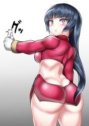 Rule 34 | 1girl, ass, black hair, blush, butt crack, commentary request, creatures (company), game freak, gloves, highres, long hair, looking at viewer, looking back, microskirt, midriff, nintendo, pokemon, pokemon frlg, purple eyes, red shirt, red skirt, sabrina (pokemon), shirt, skirt, solo, sumida kichi, thumbs up, white gloves