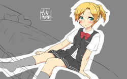 Rule 34 | 10s, 1girl, bed, blonde hair, blush, green eyes, grey background, kantai collection, looking at viewer, maikaze (kancolle), mokyutan, neck ribbon, no shoes, on bed, ponytail, ribbon, school uniform, sitting, smile, stamp, vest