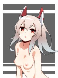 Rule 34 | 1girl, :o, ayanami (azur lane), azur lane, blue hair, blush, breasts, collarbone, gradient hair, grey background, highres, long hair, medium breasts, multicolored hair, nezuko, nipples, nude, open mouth, ponytail, red eyes, sidelocks, silver hair, solo, two-tone background, upper body