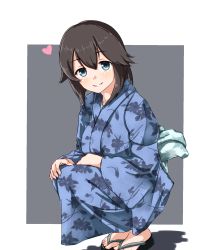 Rule 34 | 10s, 1girl, alternate costume, ame-rain, blue eyes, blue kimono, brown hair, floral print, from side, hand on own knee, hayasui (kancolle), heart, highres, japanese clothes, kantai collection, kimono, looking at viewer, obi, parted lips, purple background, sandals, sash, short hair, smile, solo