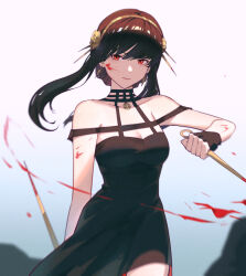 Rule 34 | 1girl, arm behind back, bare shoulders, black dress, black gloves, black hair, blood, blood on face, blood splatter, bloody weapon, breasts, cleavage, closed mouth, collarbone, commentary request, cowboy shot, dress, dual wielding, earrings, expressionless, fingerless gloves, flower, gcef3535, gloves, hair ornament, hairband, highres, holding, holding weapon, jewelry, long hair, looking at viewer, medium breasts, off-shoulder dress, off shoulder, red eyes, reverse grip, rose, short hair with long locks, sidelocks, simple background, solo, spy x family, weapon, yor briar