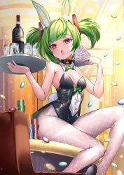 Rule 34 | 1girl, :o, animal ear fluff, animal ears, bare shoulders, black leotard, blush, bottle, breasts, card, commentary, cup, delutaya, fake animal ears, fang, fishnet pantyhose, fishnets, fuyouchu, green hair, holding, holding card, holding tray, indie virtual youtuber, indoors, leotard, looking at viewer, medium breasts, medium hair, pantyhose, playboy bunny, poker chip, rabbit ears, red eyes, sitting, solo, strapless, strapless leotard, tray, twintails, virtual youtuber, white pantyhose