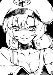 Rule 34 | 1girl, bare shoulders, belt collar, black background, black survival, breasts, character request, cleavage, collar, greyscale, grin, hat, highres, long hair, looking at viewer, mnnnya, monochrome, simple background, smile, solo
