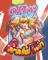 Rule 34 | 1girl, abazu-red, ahoge, armpits, bikini, blonde hair, blue bikini, blue eyes, bouncing breasts, bracelet, breasts, cleavage, commentary request, decal, earrings, english text, halterneck, jewelry, large breasts, long hair, necklace, open mouth, original, ribs, skindentation, smile, solo, standing, string bikini, swimsuit, twintails, twitter username, w arms