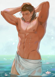 Rule 34 | 1boy, abs, adjusting hair, arm behind head, armpit hair, armpits, arms up, artist name, backlighting, baldur&#039;s gate, baldur&#039;s gate 3, bara, bathing, braid, brown hair, chest hair, closed eyes, collarbone, commentary request, cowboy shot, dungeons &amp; dragons, elf, expressionless, facial tattoo, facing viewer, flower, flower on liquid, groin, hair behind ear, hair slicked back, halsin, hand on own head, highres, large pectorals, lotus, male focus, male pubic hair, muscular, muscular male, naked towel, navel, navel hair, nipples, outdoors, pectorals, petals, petals on liquid, pointy ears, pubic hair, pubic hair peek, scar, scar on face, scar on forehead, side braid, signature, solo, sparse chest hair, sparse navel hair, standing, tattoo, thick eyebrows, towel, towel around waist, twitter username, uhai, variant set, wading, water, wet, wet towel