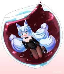 Rule 34 | 1girl, alcohol, animal ears, bare shoulders, black bow, black bowtie, black footwear, black gloves, black leotard, blue eyes, blue hair, blush, bow, bowtie, breasts, brown pantyhose, cleavage, collar, collarbone, commentary request, cup, detached collar, drinking glass, elbow gloves, fox ears, fox girl, fox tail, gloves, gradient background, highres, in container, kanijiru, kittysuit, leotard, long hair, looking at viewer, medium breasts, nontraditional playboy bunny, open mouth, original, pantyhose, pink background, rabbit girl, shoes, sidelocks, solo, sparkle, strapless, strapless leotard, submerged, sweat, tail, twitter username, very long hair, white background, white collar, wine, wine glass