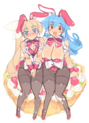 Rule 34 | 2girls, animal ears, blonde hair, blue eyes, blue hair, blush, blush stickers, breasts, cake, cleavage, fake animal ears, flat chest, food, huge breasts, long hair, mel/a, melfina bluesky, melmaid, multiple girls, oekaki, original, pantyhose, pastry, playboy bunny, ponytail, rabbit ears, red eyes, ribbon, side ponytail, small breasts, thick thighs, thighband pantyhose, thighs, wrist cuffs