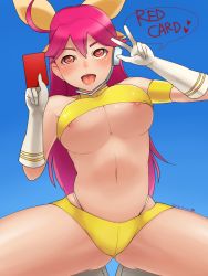 Rule 34 | 10s, 1girl, ahoge, fictional persona, breasts, card, gloves, heart, heart-shaped pupils, highres, honey (space dandy), long hair, open mouth, pink eyes, pink hair, sakushin, short shorts, shorts, solo, space dandy, symbol-shaped pupils, v
