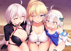 Rule 34 | 3girls, ahoge, alternate costume, bare shoulders, bikini, bikini under clothes, blonde hair, blue eyes, blush, breasts, cleavage, commentary request, competition swimsuit, covered erect nipples, drawstring, fate/grand order, fate (series), gloves, groin, hair between eyes, headpiece, jeanne d&#039;arc alter (swimsuit berserker) (fate), jeanne d&#039;arc (fate), jeanne d&#039;arc (ruler) (fate), jeanne d&#039;arc (swimsuit archer) (fate), jeanne d&#039;arc (swimsuit archer) (second ascension) (fate), jeanne d&#039;arc alter (fate), jeanne d&#039;arc alter (swimsuit berserker) (fate), jeanne d&#039;arc alter santa lily (fate), large breasts, long hair, medium breasts, multiple girls, off shoulder, one-piece swimsuit, one eye closed, open mouth, satou kuuki, short hair, shrug (clothing), small breasts, swimsuit, swimsuit under clothes, thigh gap, thigh strap, very long hair, white hair, yellow eyes