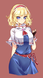 Rule 34 | 1girl, alice margatroid, ascot, blonde hair, blue dress, blue eyes, breasts, brown gloves, capelet, closed mouth, dress, fingerless gloves, frilled ascot, frills, gloves, hairband, large breasts, lolita hairband, raptor7, red ascot, red hairband, short hair, simple background, solo, touhou, upper body, white capelet