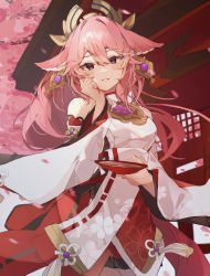 Rule 34 | 1girl, absurdres, alcohol, animal ears, bare shoulders, blush, cherry blossoms, choko (cup), cup, fox ears, fox girl, genshin impact, hair between eyes, hair ornament, hand on own face, higa (gominami), highres, japanese clothes, long sleeves, looking at viewer, miko, pink hair, purple eyes, sake, smile, solo, wide sleeves, yae miko
