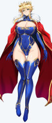 1girl artoria_pendragon_(lancer)_(fate) blonde_hair blue_leotard blue_thighhighs breasts cape cleavage cleavage_cutout clothing_cutout crown elbow_gloves fate/grand_order fate_(series) female_focus full_body fur_trim gloves green_eyes hair_bun highres kumakichi_(cost-lost) large_breasts leotard looking_at_viewer shiny_skin simple_background thigh_gap thighhighs thighs