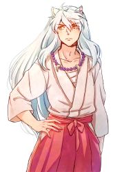 Rule 34 | 1boy, animal ears, closed mouth, dog ears, hair between eyes, hakama, hakama skirt, hand on own hip, inuyasha, inuyasha (character), japanese clothes, jewelry, long hair, looking away, looking to the side, male focus, motobi (mtb umk), necklace, pearl necklace, red hakama, skirt, very long hair, white background, white hair, yellow eyes
