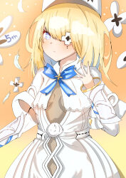 Rule 34 | 1girl, anniversary, azur lane, blonde hair, blue bow, blue bowtie, blue ribbon, blush, bodystocking, bodysuit, bodysuit under clothes, bow, bowtie, breasts, capelet, center opening, cleavage, closed mouth, cowboy shot, cross, dress, eyepatch, feathers, flower, gradient background, hair between eyes, hand up, hat, highres, jewelry, kepi, le terrible (azur lane), long hair, long sleeves, looking at viewer, medium hair, military hat, mituki1018, mole, mole under eye, neck ribbon, numbered, one eye covered, orange background, purple eyes, ribbon, ring, sidelocks, simple background, small breasts, solo, standing, upper body, vambraces, wedding ring, white dress, white hat, yellow background
