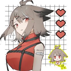 Rule 34 | 1girl, arknights, bandaid, breasts, brown hair, chibi, commentary, cropped torso, cutter (arknights), gradient hair, hair ornament, harness, head tilt, heart, high collar, highres, inu to milk, large breasts, multicolored hair, multiple views, parted lips, red eyes, red shirt, shirt, short hair, simple background, sleeveless, sleeveless shirt, symbol-only commentary, topknot, translated, twitter username, wavy mouth, white background, x hair ornament