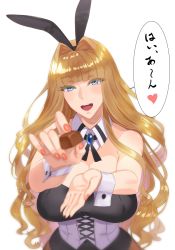 Rule 34 | 1girl, animal ears, bare shoulders, black leotard, blonde hair, blue eyes, blunt bangs, blush, breasts, brooch, chocolate, cleavage, corset, cross-laced clothes, damegane, detached collar, eyelashes, food, hair intakes, highres, holding, holding food, jewelry, large breasts, leotard, long hair, looking at viewer, open mouth, original, rabbit ears, simple background, smile, solo, victoria (damegane), wavy hair, white background, wrist cuffs