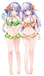 Rule 34 | 2girls, :d, arm at side, arm hug, asahina yori, bare arms, bare shoulders, barefoot, bikini, blue eyes, blue hair, blush, braid, breasts, cleavage, closed mouth, collarbone, commentary request, crown braid, eyelashes, eyes visible through hair, feet, flower, food, frilled bikini, frills, green bikini, hair between eyes, hair flower, hair ornament, hand up, highres, holding, holding food, holding ice cream, ice cream, large breasts, long hair, looking at viewer, medium breasts, multiple girls, navel, open mouth, orange bikini, orange flower, purple hair, red eyes, red flower, siblings, sidelocks, simple background, sisters, smile, sorakado ai, sorakado ao, standing, stomach, straight-on, summer pockets, swimsuit, thighs, toes, twintails, very long hair, white background