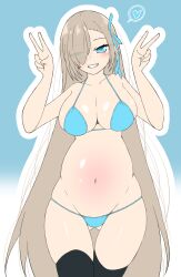 Rule 34 | 1girl, ass, asuna (blue archive), bikini, blonde hair, blue archive, blue bikini, blue eyes, blue ribbon, blush, breasts, cleavage, double v, grin, happy, highres, large breasts, long hair, looking at viewer, navel, pregnant, ribbon, scrunchie, simple background, smile, solo, swimsuit, v, very long hair, white background, wrist scrunchie, yumu yumu