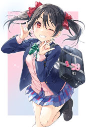 Rule 34 | 1girl, bag, black hair, black socks, blazer, blouse, blue jacket, blue skirt, bow, bowtie, cardigan, commentary request, double m/, green bow, green bowtie, grin, highres, jacket, looking at viewer, love live!, love live! school idol project, m/, otonokizaka school uniform, pink cardigan, plaid, plaid skirt, red eyes, sakou mochi, school bag, school uniform, shirt, skirt, smile, socks, solo, striped bow, striped bowtie, striped clothes, twintails, white shirt, winter uniform, yazawa nico