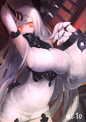 Rule 34 | 10s, 1girl, :o, abyssal ship, arm up, breasts, claws, detached sleeves, dress, glowing, glowing eyes, horns, kantai collection, large breasts, long hair, meto31, pale skin, red eyes, ribbed dress, seaport princess, short dress, sideboob, signature, single horn, white hair