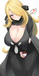 Rule 34 | 1girl, absurdres, arm under breasts, black coat, black pants, black shirt, blonde hair, blush, breasts, cleavage, closed mouth, coat, creatures (company), cynthia (pokemon), fur-trimmed sleeves, fur collar, fur trim, game freak, grey eyes, hair ornament, hair over one eye, heart, highres, holding, holding own arm, holding poke ball, huge breasts, kunizaki, leaning forward, looking at viewer, nintendo, pants, poke ball, poke ball (basic), pokemon, pokemon dppt, shirt, simple background, solo, spoken heart, white background