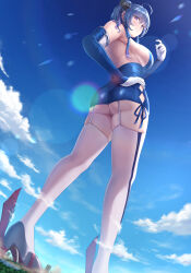 Rule 34 | 1girl, absurdres, ahoge, ass, azur lane, backless outfit, bare shoulders, blue dress, blue gloves, blue hair, blue sky, blush, breasts, building, closed mouth, cloud, day, dress, dutch angle, elbow gloves, foot out of frame, from behind, from below, garter straps, giant, giantess, gloves, hand on own hip, high heels, highres, large breasts, legs, lens flare, looking afar, looking back, numaguro (tomokun0808), outdoors, panties, purple eyes, short dress, sideboob, sky, smile, solo, st. louis (azur lane), standing, thighhighs, two-tone gloves, underbutt, underwear, white garter straps, white gloves, white thighhighs