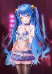 Rule 34 | 1girl, absurdres, ahoge, alternate costume, amamiya kokoro, bell, belt, bikini, bikini under clothes, black thighhighs, blue bikini, blue collar, blue hair, blue skirt, blush, breasts, collar, commentary request, covered erect nipples, fang, gradient hair, hair bell, hair ornament, hair ribbon, highres, ishi no shita, jingle bell, long hair, looking at viewer, loose belt, multicolored hair, naughty face, navel, nijisanji, open mouth, outdoors, plaid, plaid skirt, pleated skirt, revealing clothes, ribbon, shirt, skin fang, skindentation, skirt, small breasts, smile, solo, swimsuit, thighhighs, tied shirt, twintails, variant set, very long hair, virtual youtuber, white belt, white shirt, x hair ornament, yellow eyes, zettai ryouiki