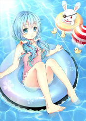 Rule 34 | 1girl, barefoot, bird, blue eyes, blue hair, casual one-piece swimsuit, collarbone, date a live, gyaza, hair between eyes, hair bobbles, hair ornament, innertube, long hair, looking at viewer, one-piece swimsuit, open mouth, pink one-piece swimsuit, sitting, solo, sunlight, swim ring, swimsuit, yoshino (date a live), yoshinon