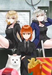 Rule 34 | 3girls, absurdres, ahoge, animal, artoria pendragon (all), artoria pendragon (fate), ayamu (igakato), blonde hair, bread, breasts, bug, building, butterfly, cavall the 2nd, coat, dog, dress, eyebrows hidden by hair, fate/grand order, fate (series), food, french fries, fujimaru ritsuka (female), fujimaru ritsuka (female) (royal brand), hair between eyes, highres, hood, hooded jacket, hoodie, in mouth, indoors, insect, jacket, jeanne d&#039;arc (fate), jeanne d&#039;arc alter (fate), jeanne d&#039;arc alter (ver. shinjuku 1999) (fate), jewelry, long hair, looking at viewer, multiple girls, necklace, necktie, night, night sky, official alternate costume, open mouth, orange eyes, orange hair, pants, ponytail, saber alter, saber alter (ver. shinjuku 1999) (fate), shirt, short hair, shorts, silver hair, sitting, sky, wicked dragon witch ver. shinjuku 1999, yellow eyes