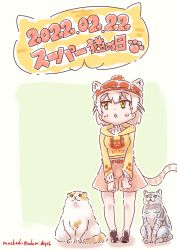 Rule 34 | 1girl, animal, animal ears, beanie, cat, cat (kemono friends), cat day, cat ears, cat girl, cat tail, commentary request, dated, ears through headwear, extra ears, hat, highres, kemono friends, light brown hair, long sleeves, nakashi masakumi, open mouth, short hair, shorts, simple background, solo, tail, triangle mouth, twitter username, yellow eyes