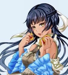 Rule 34 | 1girl, athena (fire emblem), bare shoulders, black hair, brown dress, cookie, detached sleeves, dress, eating, fire emblem, fire emblem: mystery of the emblem, food, food on face, hair ribbon, highres, holding, holding cookie, holding food, long hair, looking at viewer, nintendo, open mouth, ribbon, solo, tankei fm, upper body, white ribbon, yellow eyes