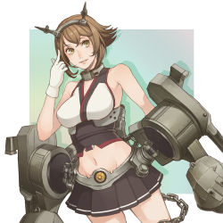 Rule 34 | 10s, 1girl, breasts, brown eyes, brown hair, chain, crop top, gloves, hairband, headgear, kantai collection, large breasts, lips, mecha musume, midriff, miniskirt, mutsu (kancolle), navel, personification, pleated skirt, short hair, skirt, sleeveless, smile, soa, solo, white gloves