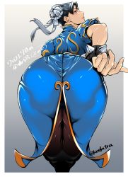 Rule 34 | 1girl, ass, ass focus, beckoning, bent over, black hair, blue dress, bracelet, brown pantyhose, bun cover, capcom, china dress, chinese clothes, chun-li, commentary request, dated, double bun, dress, fingernails, from behind, hair bun, highres, jewelry, koda1ra, legs together, paid reward available, pantyhose, puffy short sleeves, puffy sleeves, sash, short hair, short sleeves, solo, spiked bracelet, spikes, street fighter, street fighter ii (series)