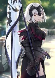 Rule 34 | 1girl, ahoge, armor, armored dress, black thighhighs, blurry, blurry background, bokeh, breasts, cape, cowboy shot, day, depth of field, dress, fate/apocrypha, fate (series), fur-trimmed cape, fur collar, fur trim, gauntlets, haoni, headpiece, jeanne d&#039;arc (fate), jeanne d&#039;arc alter (avenger) (fate), jeanne d&#039;arc alter (fate), large breasts, looking at viewer, outdoors, short hair, silver hair, smile, solo, standard bearer, thighhighs, tsurime, yellow eyes