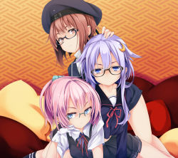 Rule 34 | 10s, 3girls, bad id, bad pixiv id, bespectacled, blue eyes, brown eyes, brown hair, clothes writing, crescent, crescent hair ornament, glasses, gloves, hair ornament, hand on another&#039;s head, hat, highres, kantai collection, looking at viewer, md5 mismatch, multiple girls, ogami kazuki, pillow, pink hair, ponytail, purple hair, sailor hat, school uniform, semi-rimless eyewear, serafuku, shiranui (kancolle), short hair, short hair with long locks, skirt, under-rim eyewear, white gloves, yayoi (kancolle), z3 max schultz (kancolle)