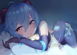 Rule 34 | 1girl, ahoge, bare shoulders, bed sheet, bell, blue hair, blush, breasts, cowbell, detached collar, elbow gloves, ganyu (genshin impact), genshin impact, gloves, half-closed eyes, ichijou (kr neru0), looking at viewer, night, hugging object, on bed, pillow, pillow hug, solo