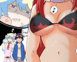 Rule 34 | 00s, 1boy, 2girls, anger vein, angry, bad id, bad pixiv id, bikini, bikini top only, bouncing breasts, breast envy, breasts, breasts apart, chihi, cleavage, head out of frame, jealous, large breasts, looking at breasts, multiple girls, navel, nia teppelin, red hair, scarf, shiny skin, simon (ttgl), swimsuit, tengen toppa gurren lagann, thought bubble, truth, underboob, yoko littner