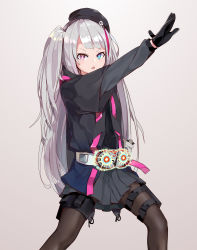 Rule 34 | 1girl, absurdres, belt, beret, black gloves, black hat, black pantyhose, blue eyes, girls&#039; frontline, gloves, grey hair, hat, henshin pose, heterochromia, highres, kamen rider, kamen rider v3, kamen rider v3 (series), long hair, longzi (lez), looking at viewer, mdr (girls&#039; frontline), multicolored hair, one side up, open mouth, pantyhose, pink eyes, pink hair, pleated skirt, side ponytail, skirt, solo, streaked hair, thigh strap