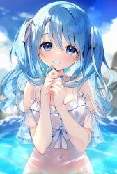 Rule 34 | 1girl, blue eyes, blue hair, blurry, blush, commentary request, depth of field, detached sleeves, dress, hair between eyes, hair ribbon, head tilt, interlocked fingers, looking at viewer, navel, open mouth, original, outdoors, partially submerged, ribbon, see-through, see-through dress, sidelocks, smile, solo, strap slip, suimya, twintails, wading, wet, wet clothes