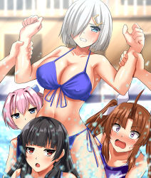 Rule 34 | 2others, 4girls, absurdres, bikini, blue bikini, blue eyes, blurry, blurry background, breasts, carrying, clenched teeth, commentary request, commission, covered erect nipples, front-tie top, hair over one eye, hamakaze (kancolle), highres, isokaze (kancolle), kagerou (kancolle), kantai collection, kibasen, large breasts, multiple girls, multiple others, pixiv commission, restrained, shiranui (kancolle), short hair, side-tie bikini bottom, solo focus, splashing, swimsuit, teeth, upper body, water, white hair, zanntetu