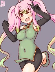 Rule 34 | 1girl, ahoge, alternate costume, artist logo, bike shorts, black gloves, breasts, china dress, chinese clothes, commentary request, covered navel, dated, dress, elbow gloves, fang, gloves, gradient hair, green dress, green footwear, green hair, grey background, kanon (kurogane knights), kantai collection, long hair, medium breasts, momo (kancolle), multicolored hair, one-hour drawing challenge, one eye closed, pink hair, red eyes, shorts under dress, skin fang, smile, solo, standing, standing on one leg