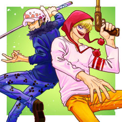 Rule 34 | 2boys, back-to-back, black hair, blonde hair, collared shirt, commentary request, denim, donquixote rocinante, facial hair, fighting stance, full body, goatee, gun, heart, heart print, highres, holding, holding gun, holding sword, holding weapon, hood, jaguar print, jeans, long sideburns, makeup, male focus, multiple boys, one piece, orange pants, pants, pink shirt, shirt, short hair, sideburns, smile, sword, textless version, toyoura (23066494), trafalgar law, weapon