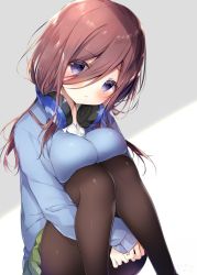Rule 34 | 1girl, :t, blue eyes, blue sweater, blush, breast press, breasts, brown hair, brown pantyhose, closed mouth, collared shirt, commentary request, dress shirt, feet out of frame, go-toubun no hanayome, green skirt, grey background, hair between eyes, head tilt, headphones, headphones around neck, hugging own legs, knees up, large breasts, long hair, long sleeves, looking at viewer, nakano miku, pantyhose, pleated skirt, pout, shiratama (shiratamaco), shirt, sitting, skirt, sleeves past wrists, solo, sweater, two-tone background, white background, white shirt