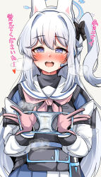 Rule 34 | 1girl, animal ears, black bow, blue archive, blush, bow, fake animal ears, gloves, grey hair, hair bow, halo, highres, holding, holding clothes, holding panties, holding underwear, long hair, long sleeves, looking at viewer, machismo fuji, miyako (blue archive), neckerchief, one side up, open mouth, panties, pink gloves, pink neckerchief, bulletproof vest, pouch, presenting removed panties, purple eyes, rabbit ears, sailor collar, simple background, solo, stained panties, sweat, teeth, translation request, underwear, upper body, upper teeth only, white sailor collar