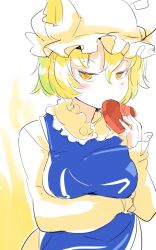 Rule 34 | 1girl, animal hat, arm across waist, blonde hair, blush, breast rest, breasts, candy, chocolate, chocolate heart, covering own mouth, dress, food, hair between eyes, half-closed eyes, hat, heart, long sleeves, looking at viewer, medium breasts, mob cap, sinzan, solo, tabard, touhou, upper body, valentine, white dress, yakumo ran, yellow eyes