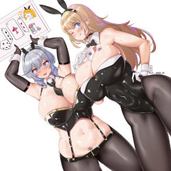 Rule 34 | 2girls, :d, ;q, absurdres, animal ears, armpits, arms up, artist name, azur lane, bare shoulders, between breasts, black choker, black gloves, black legwear, black leotard, black neckwear, black shorts, blonde hair, blue eyes, blush, bow, bowtie, breast tattoo, breasts, card, card between breasts, choker, cleavage, closed mouth, commentary, covered navel, cowboy shot, crop top, detached collar, eagle union (emblem), elbow gloves, fake animal ears, gloves, groin, hair between eyes, hairband, hand on own hip, highres, holding, holding card, holding paper, huge breasts, jingb dx, leotard, long hair, looking at viewer, micro shorts, midriff, mole, mole on body, mole on breast, mole on stomach, multiple girls, navel, necktie, north carolina (azur lane), nose blush, one eye closed, open mouth, pantyhose, paper, playboy bunny, playing card, pubic tattoo, rabbit ears, short hair, shorts, sidelocks, silver hair, simple background, smile, standing, strapless, strapless leotard, suspender shorts, suspenders, sweat, tattoo, tongue, tongue out, traditional bowtie, washington (azur lane), white background, white gloves, wrist cuffs