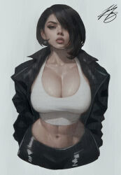 Rule 34 | 1girl, black eyes, black hair, black jacket, breasts, cleavage, commentary, earrings, english commentary, hair over one eye, highres, ickpot, jacket, jewelry, large breasts, looking at viewer, midriff, navel, original, short hair, signature, simple background, solo, tank top, white tank top