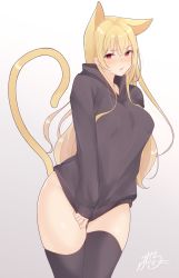 Rule 34 | 1girl, animal ears, bad id, bad pixiv id, black thighhighs, blonde hair, blush, breasts, cat ears, cat tail, covering privates, covering crotch, embarrassed, gradient background, grey background, highres, large breasts, long hair, long sleeves, looking at viewer, open mouth, original, ramchi, red eyes, signature, solo, standing, tail, thighhighs, white background